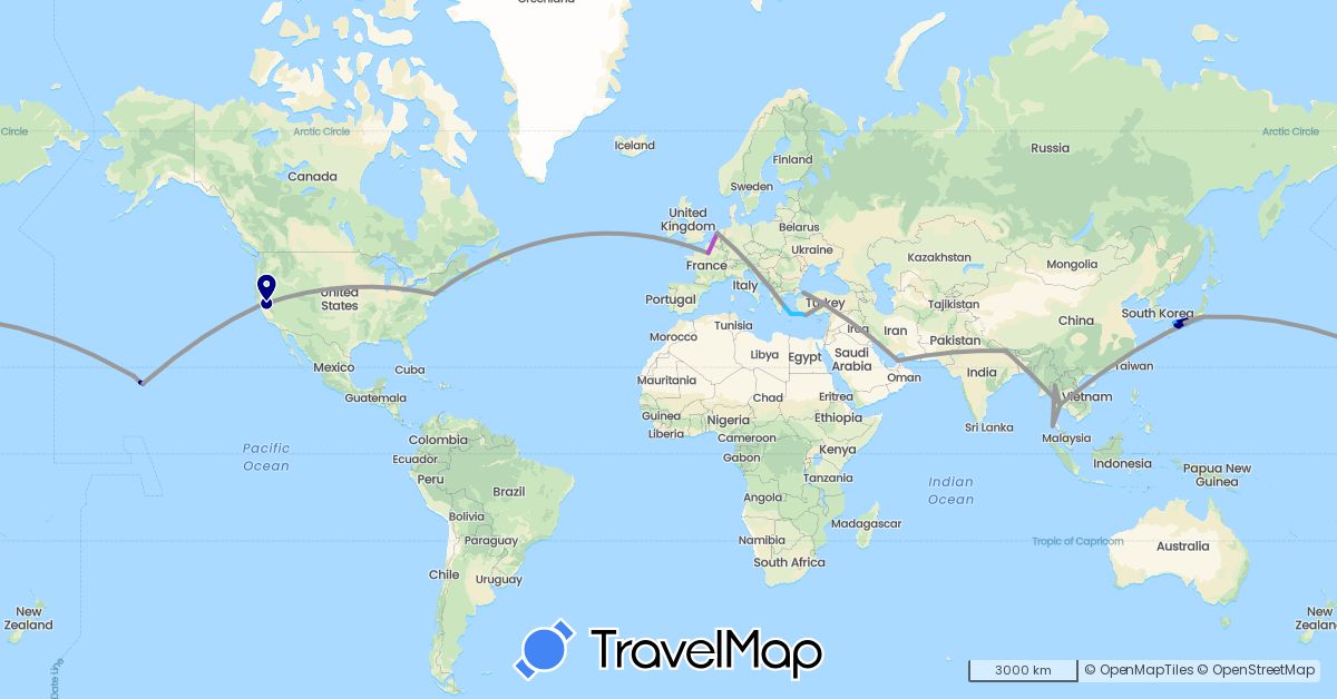TravelMap itinerary: driving, plane, train, boat in United Arab Emirates, France, Greece, Japan, Netherlands, Nepal, Thailand, Turkey, United States (Asia, Europe, North America)
